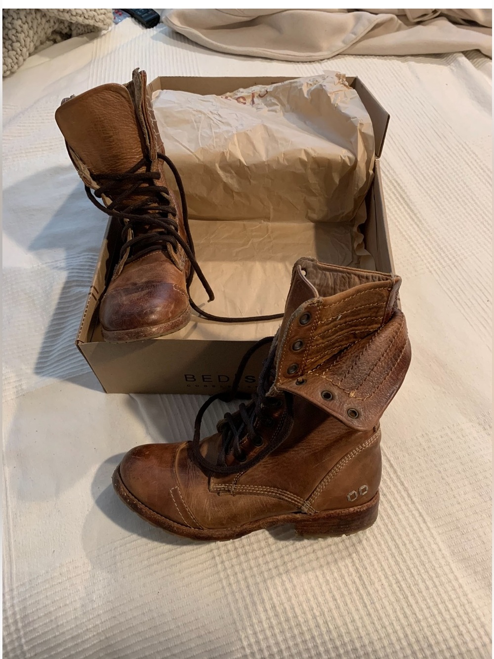 BED|STU Distressed Brown Leather Lace-Up Fold-Over Ankle Boots